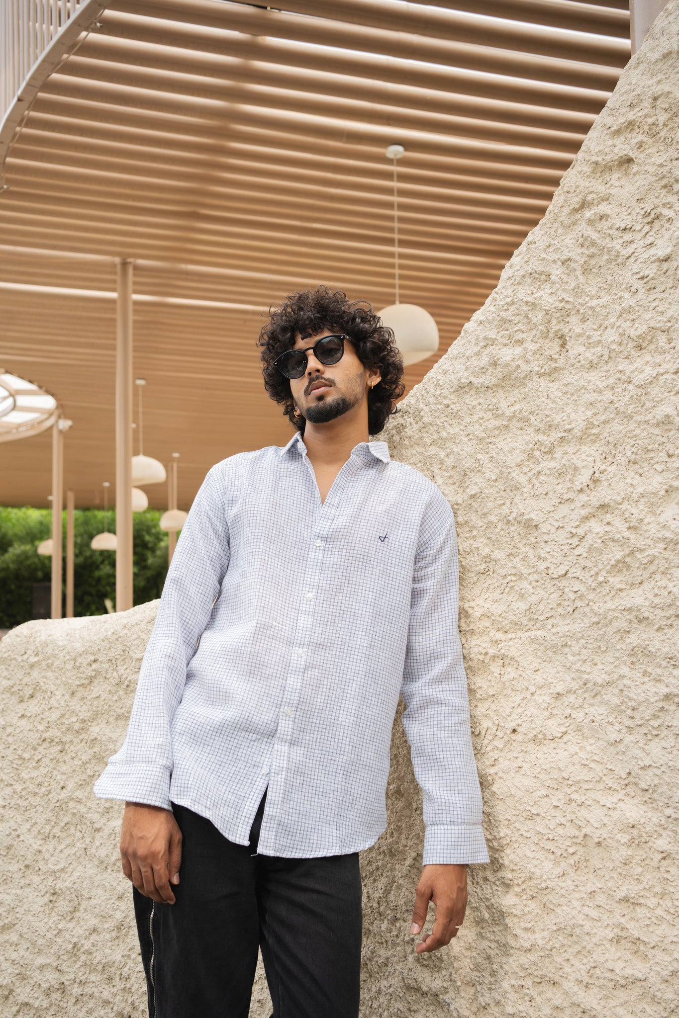 Blue micro check jute cotton slim fit shirt