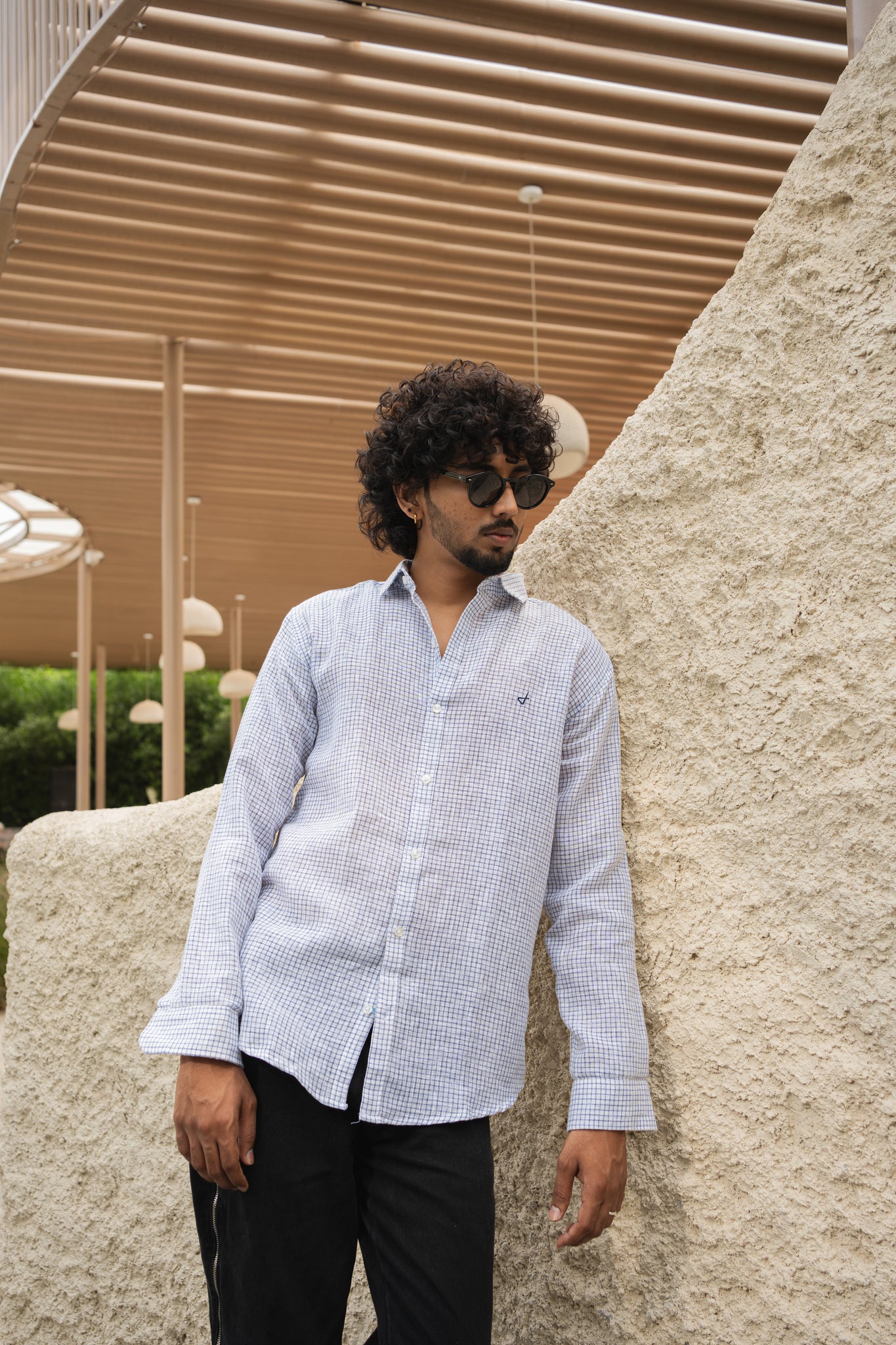 Blue micro check jute cotton slim fit shirt