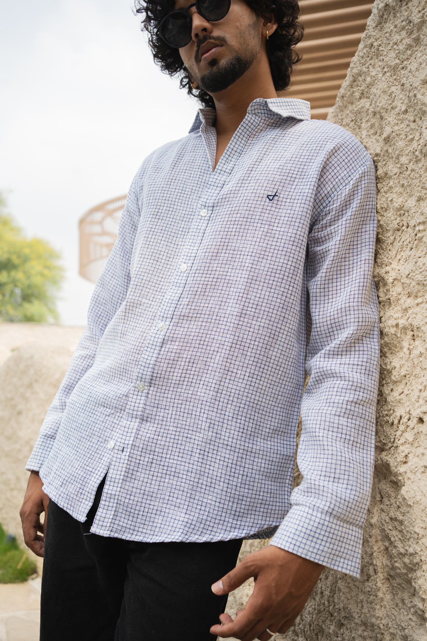 Blue micro check jute cotton slim fit shirt