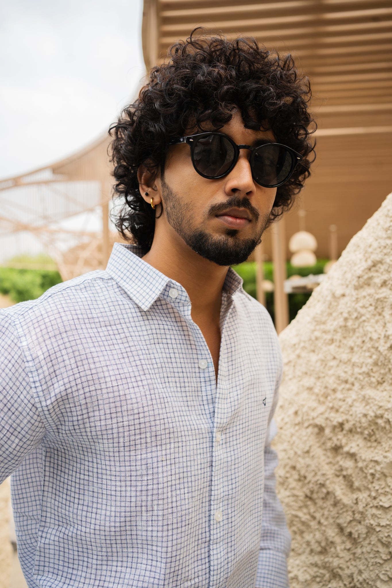 Blue micro check jute cotton slim fit shirt