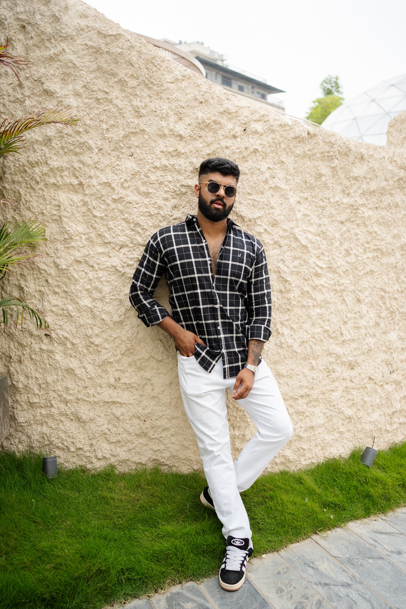 black cotton slim fit check shirt