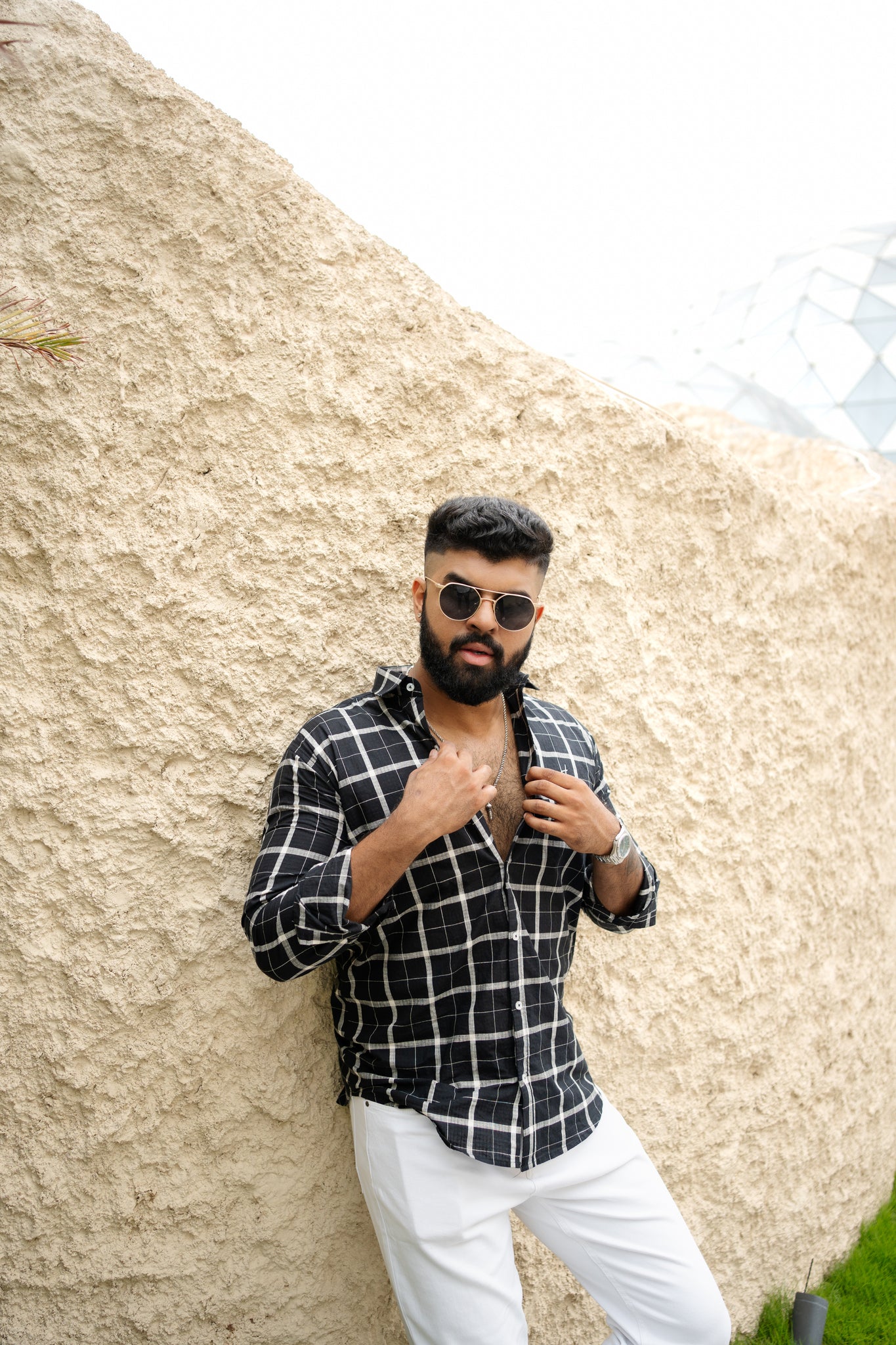 black cotton slim fit check shirt