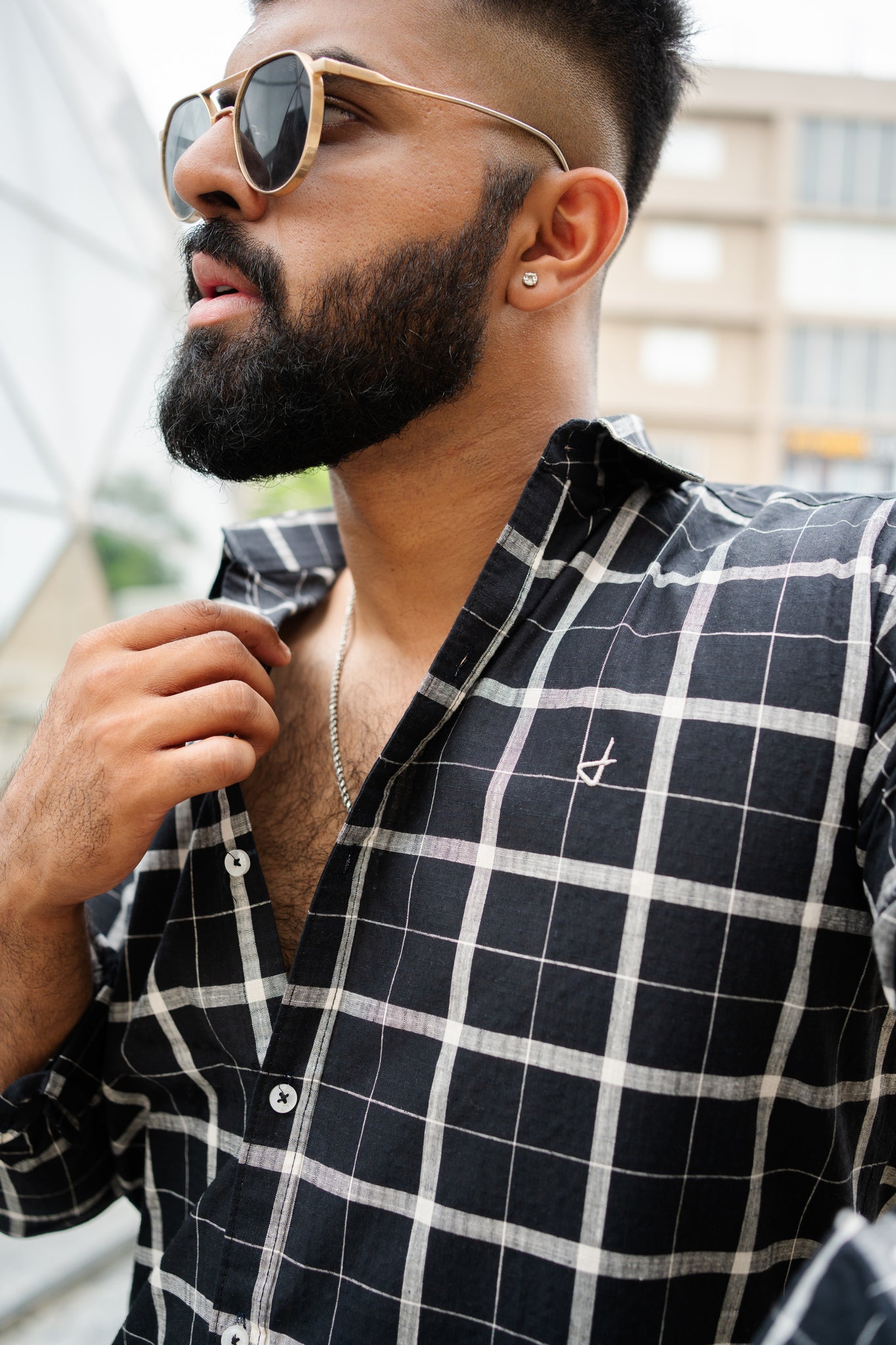 black cotton slim fit check shirt