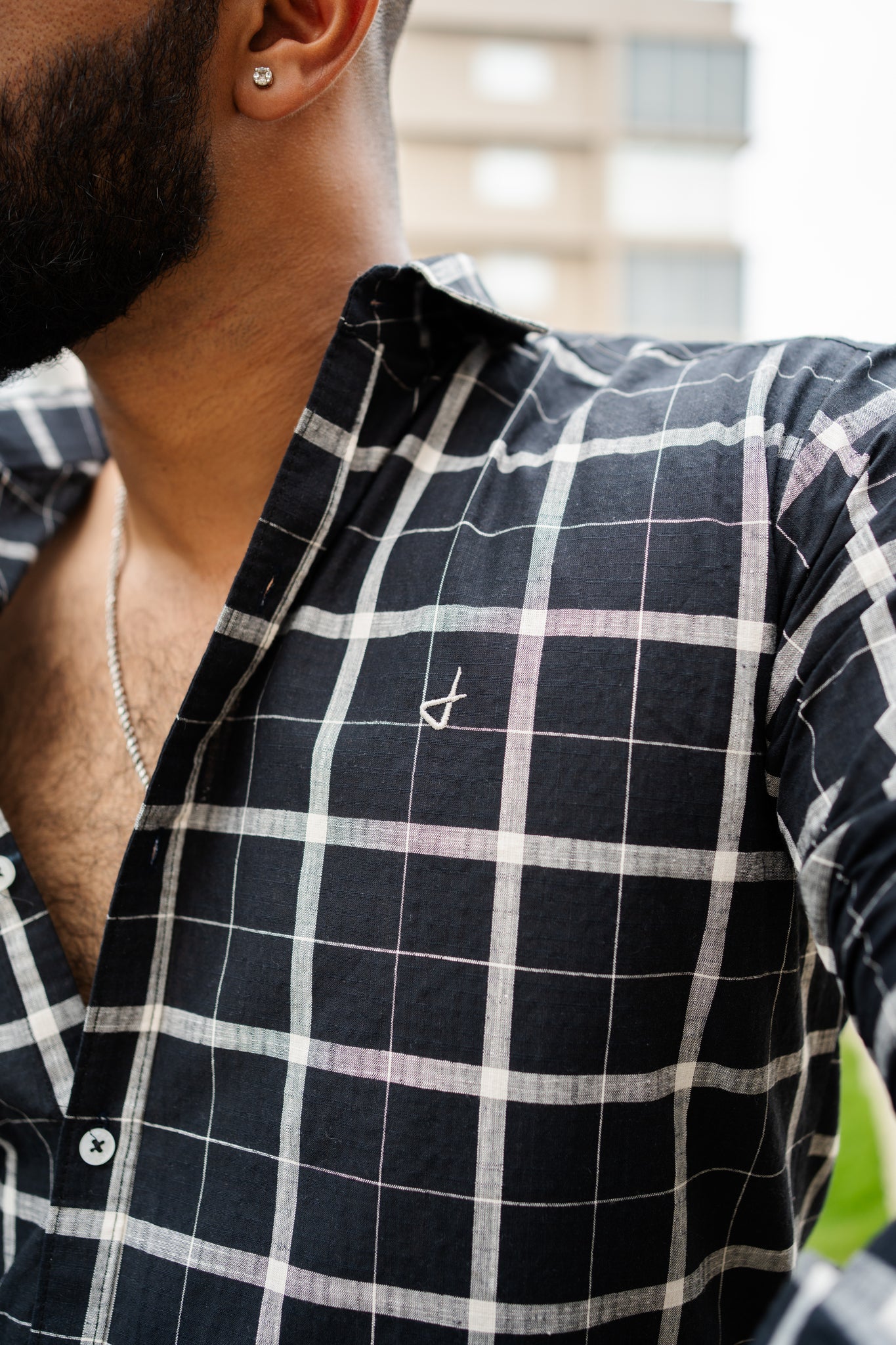 black cotton slim fit check shirt