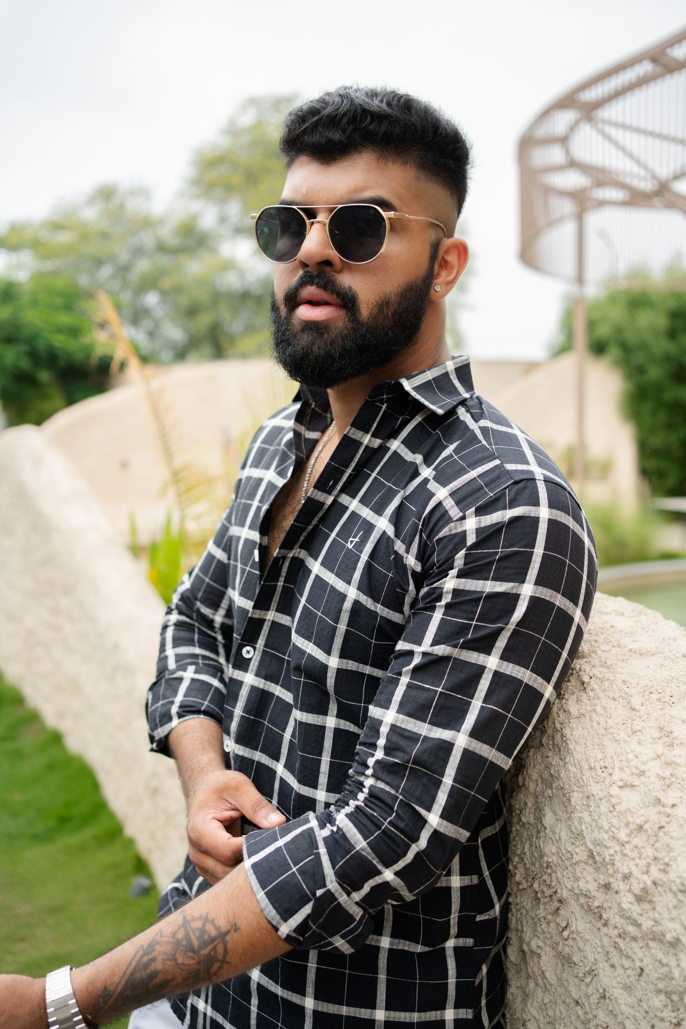 black cotton slim fit check shirt