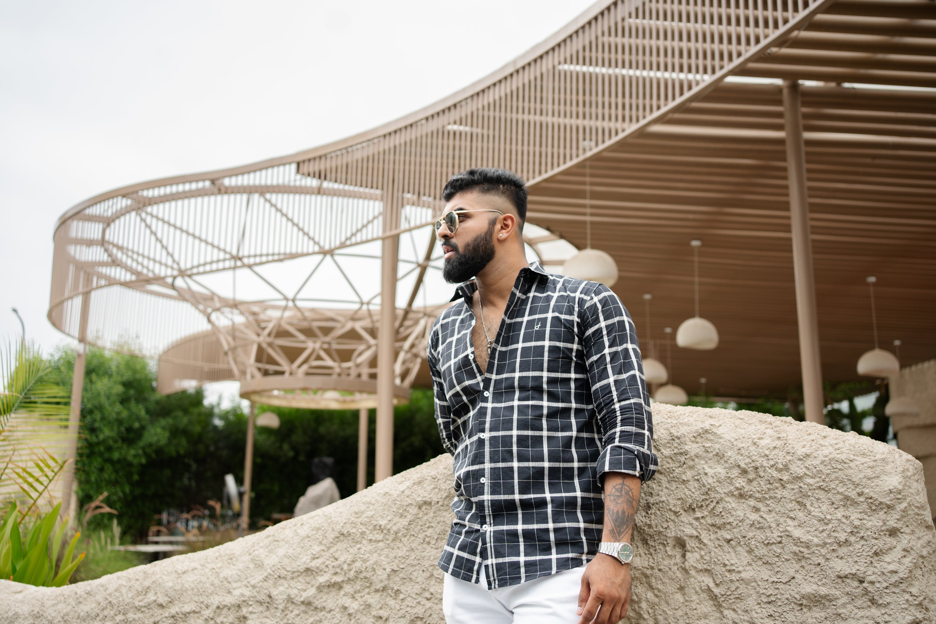 black cotton slim fit check shirt