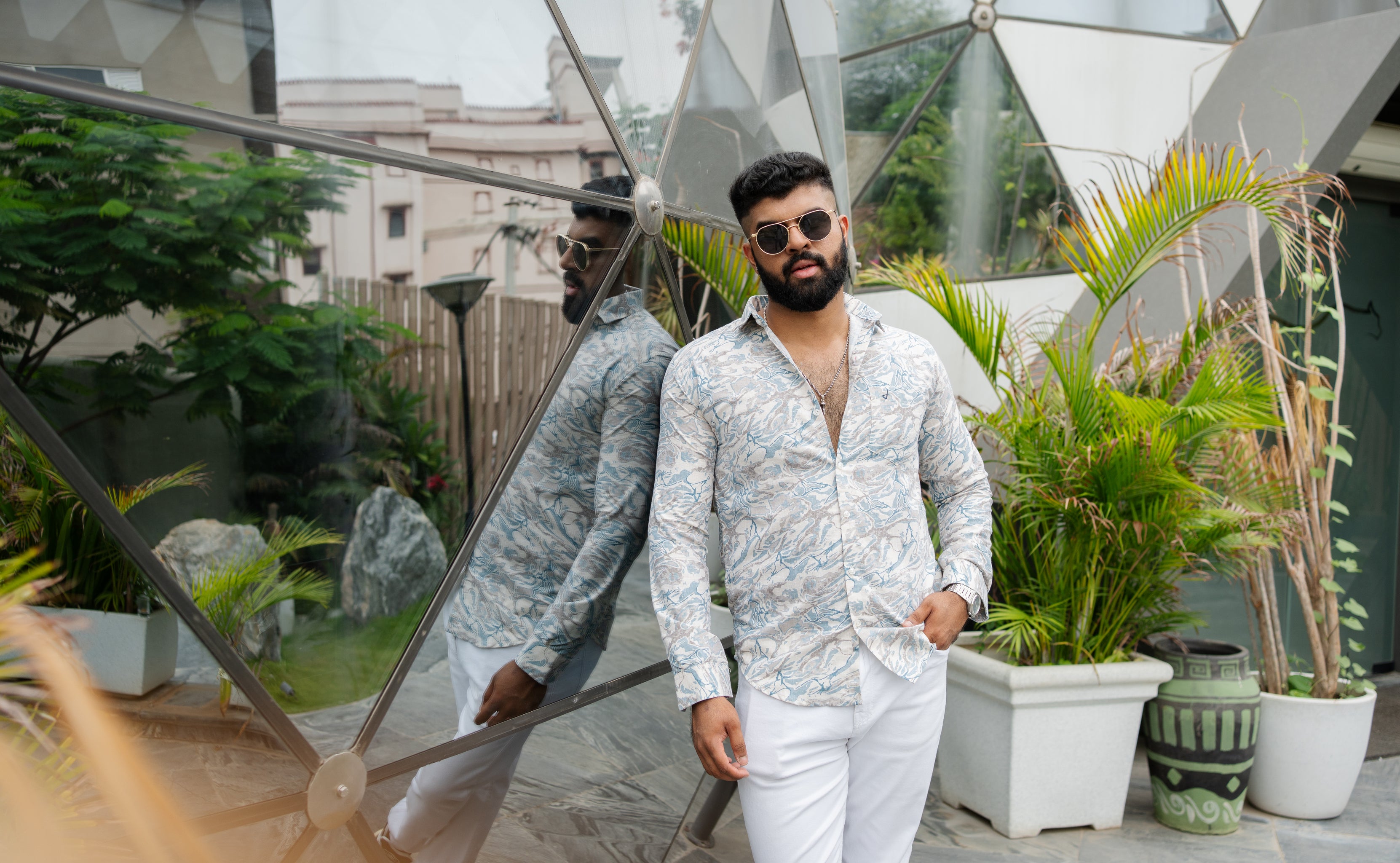 ocean blue slim fit printed shirt