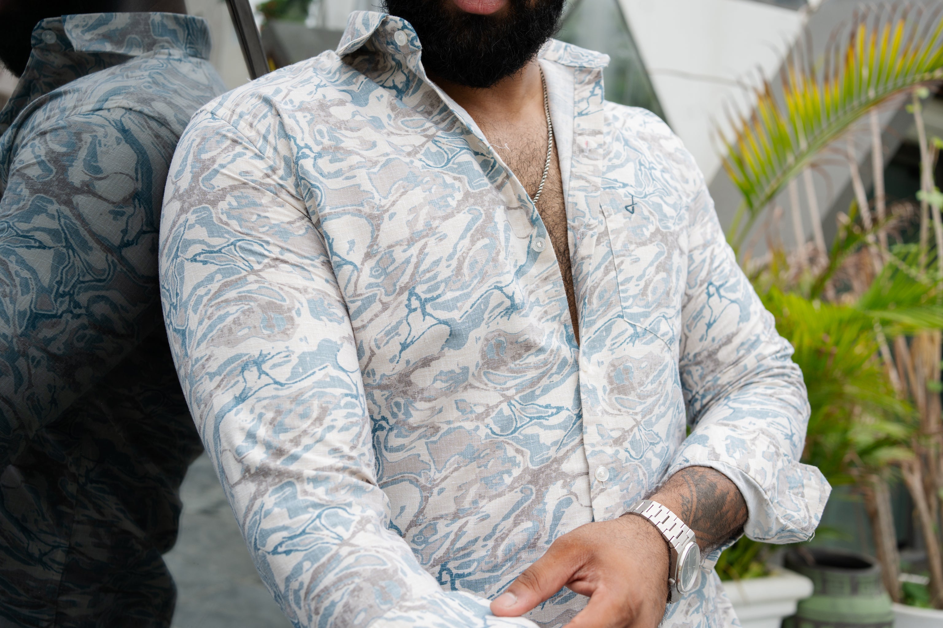 ocean blue slim fit printed shirt