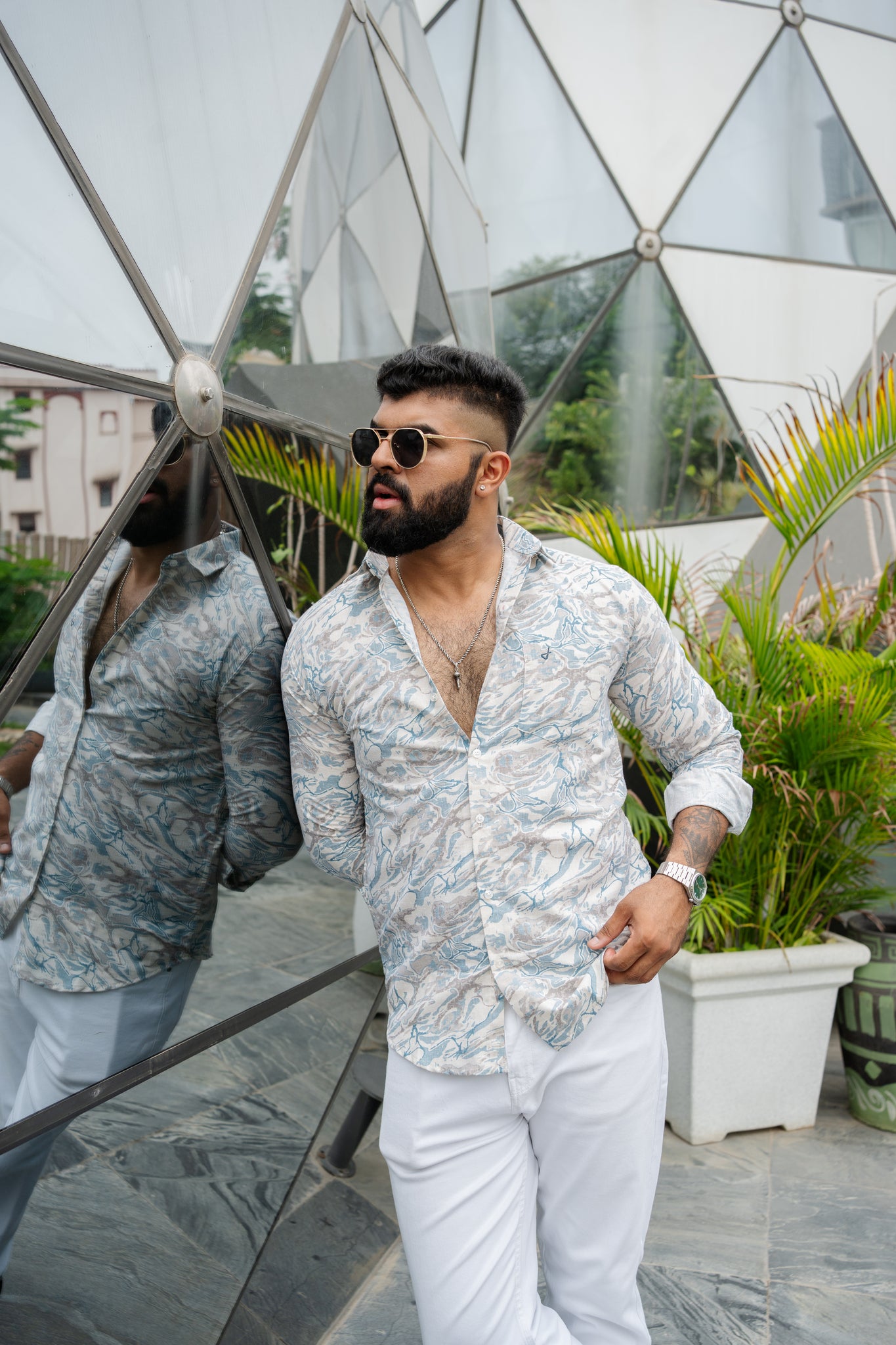 ocean blue slim fit printed shirt