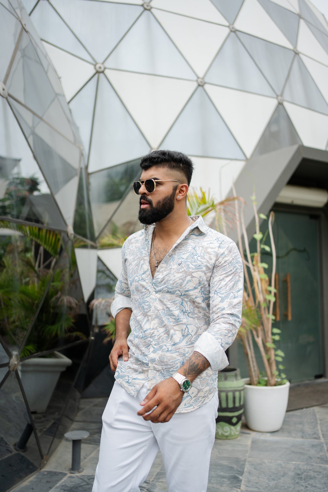ocean blue slim fit printed shirt
