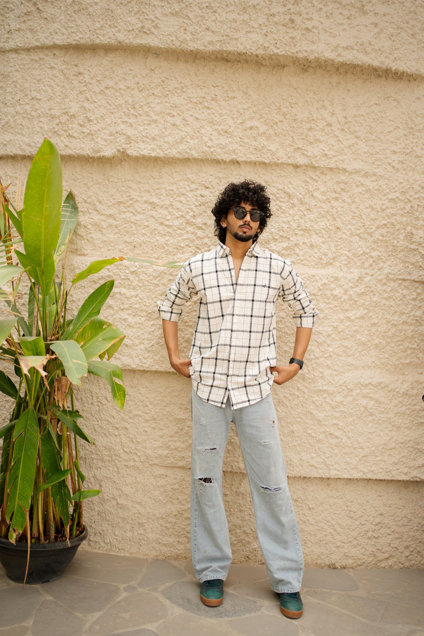ivory cotton slim fit check shirt