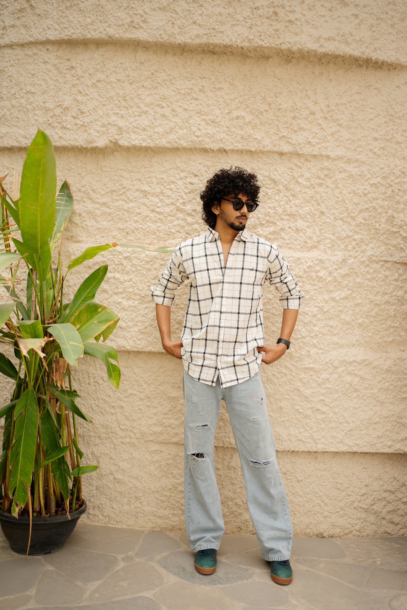 ivory cotton slim fit check shirt