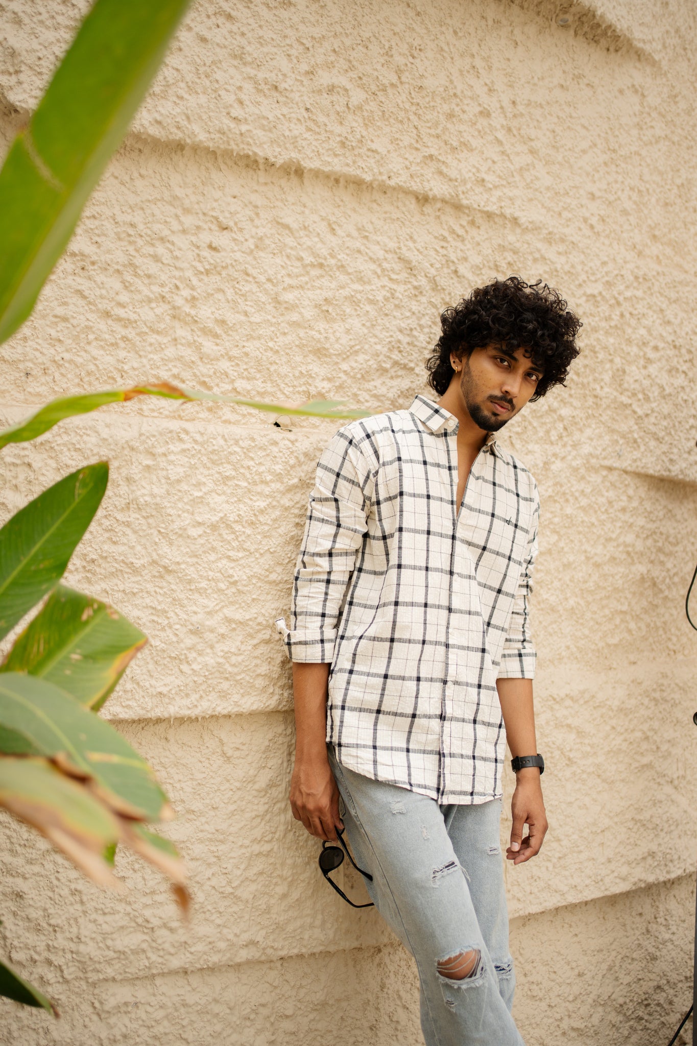 ivory cotton slim fit check shirt