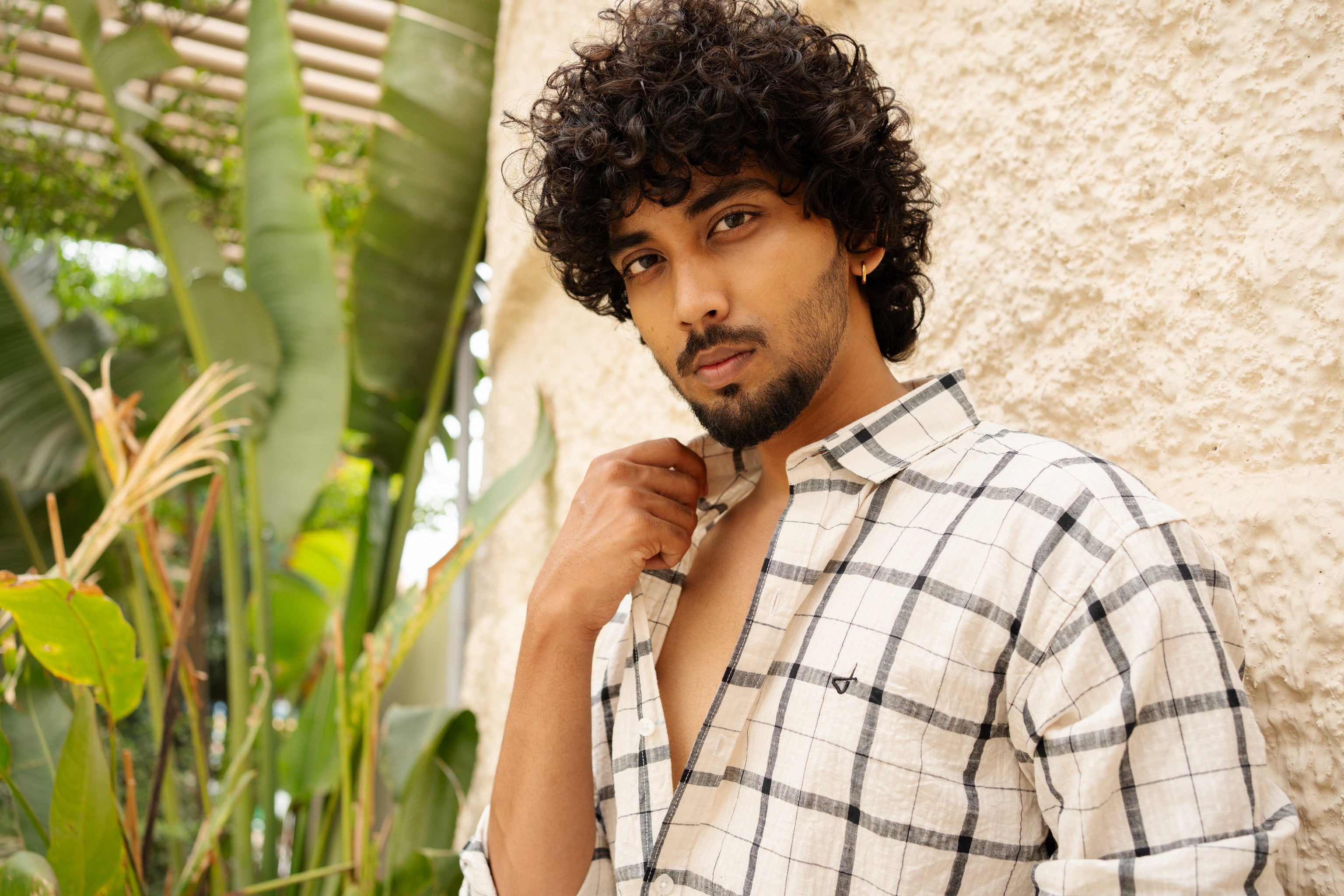 ivory cotton slim fit check shirt