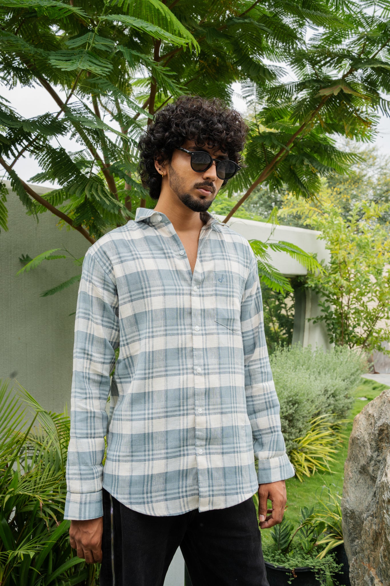 muted gray blue check shirt