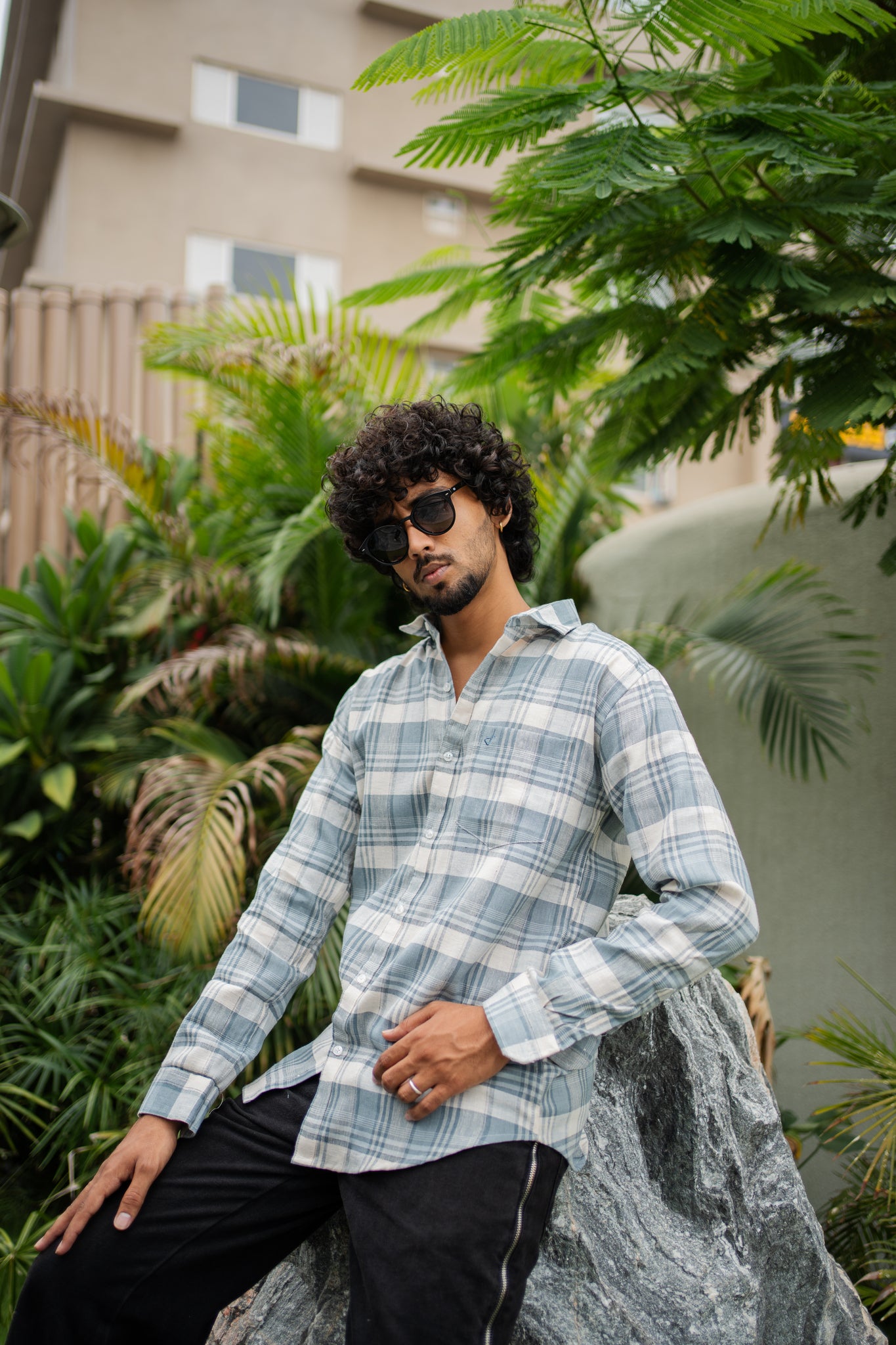 muted gray blue check shirt