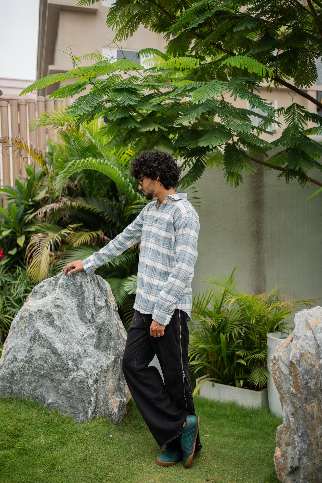 muted gray blue check shirt
