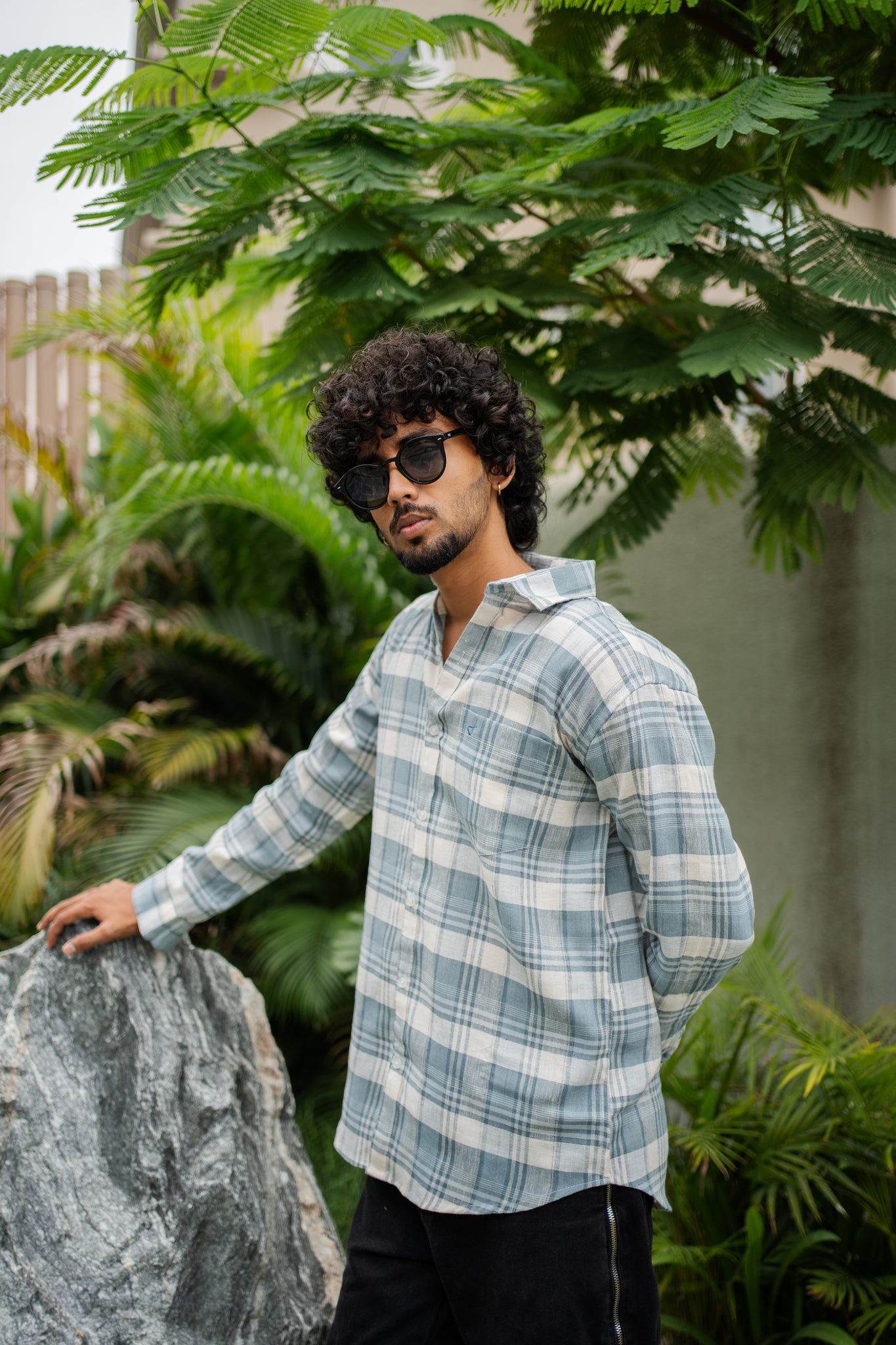 muted gray blue check shirt