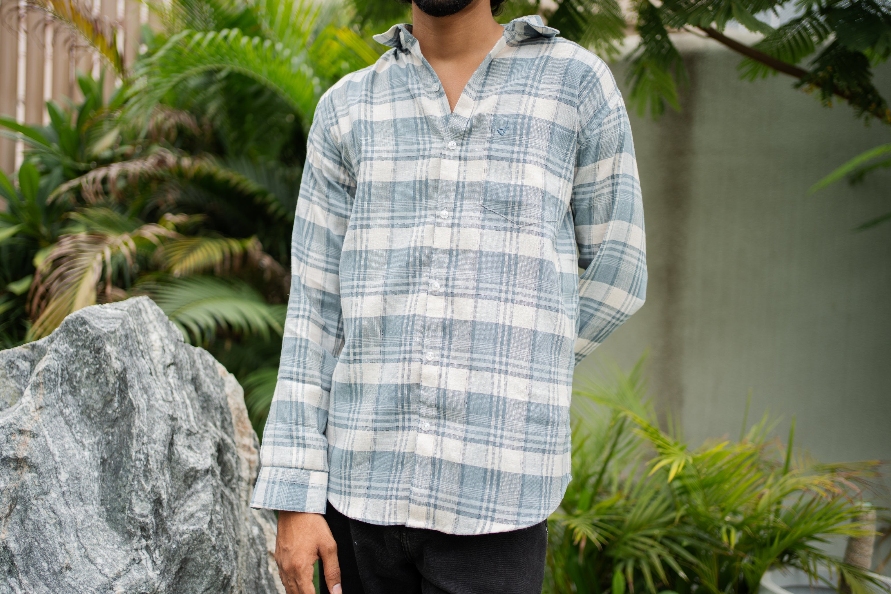 muted gray blue check shirt