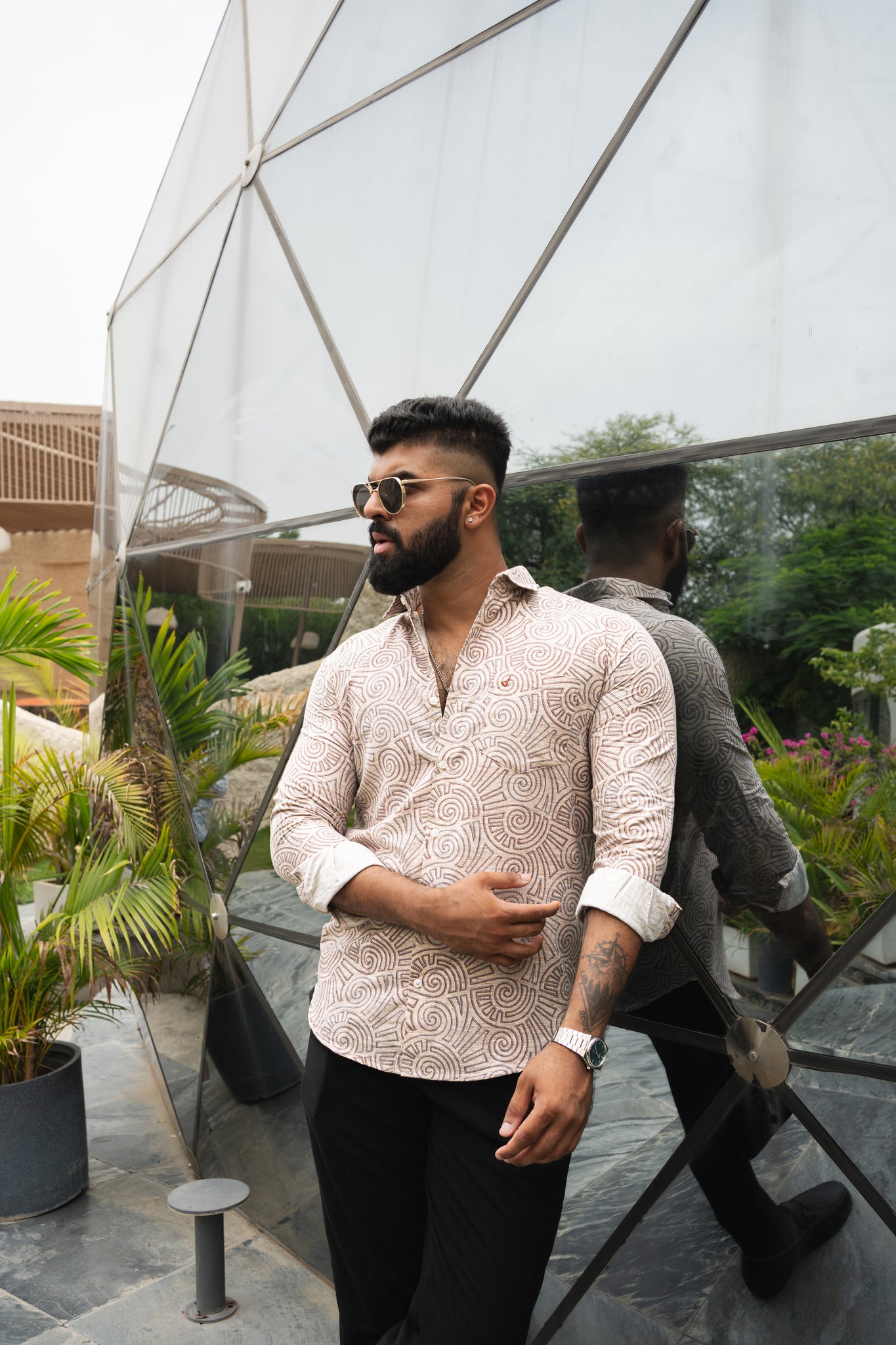 mens sand brown geometric print shirt