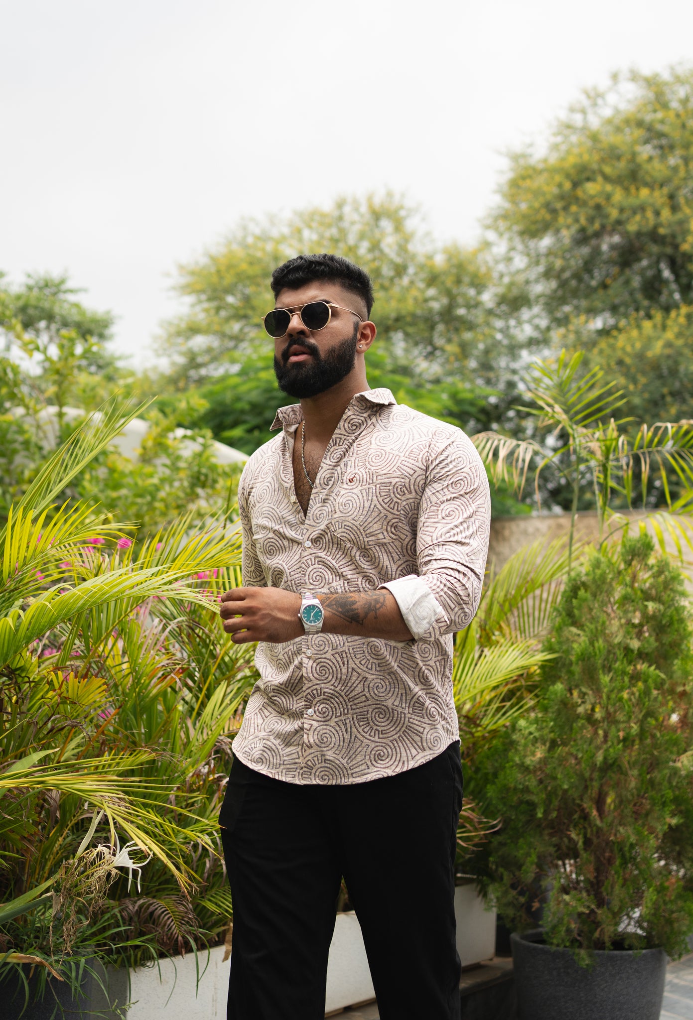 mens sand brown geometric print shirt