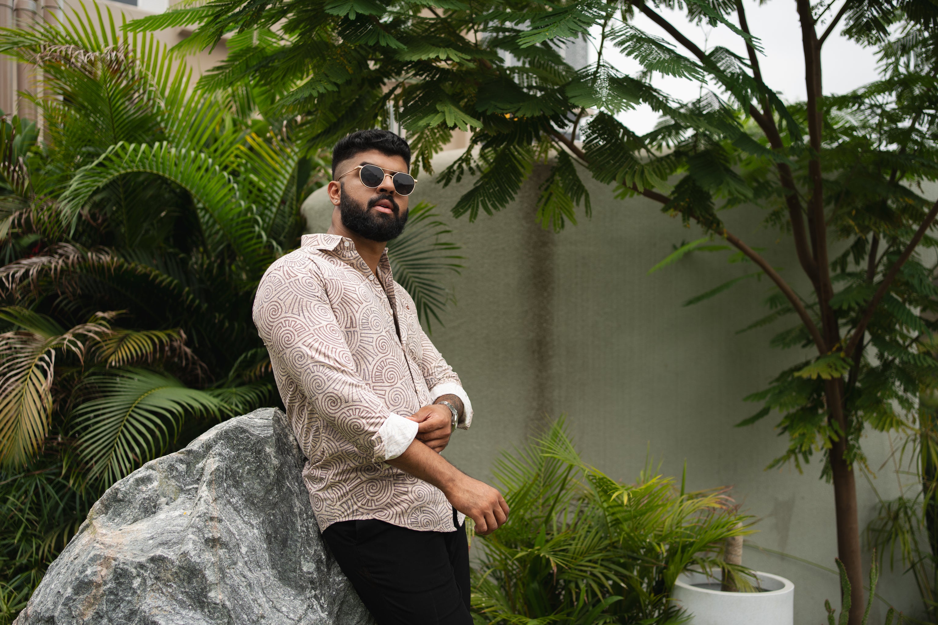 mens sand brown geometric print shirt