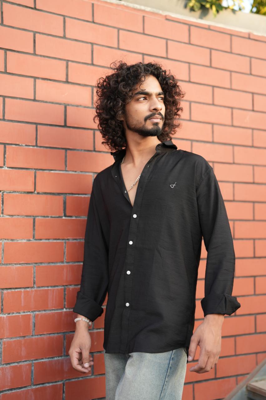 Black Slub Lycra Plain Shirt